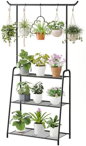 Metal Plant Stand Indoor Outdoor, 3 Tier Tall Corner Plant Shelf, Hanging Flower Ladder for Living Room, Balcony, Garden, Patio (Black) by Wieghda