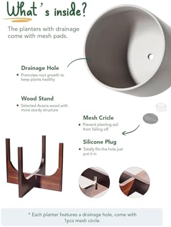 LE TAUCI 10 Inch Planter with Acacia Wood Stand, Ceramic Planters for Indoor Plants, Unique Plant Pots Indoor for Home Decor, Cylinder Pots for Plants with Drainage Hole and Plug, Neutral Gray - Image 5