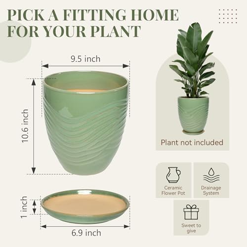 9.5 Inch Modern Ceramic Plant Pot with Saucer, Flower Pot with Drainage Hole Mesh Net,Indoor Outdoor Planter (Crackle-Green) - Image 6