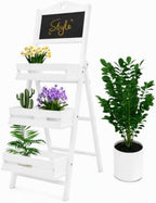 Wooden Plant Stand with Chalkboard, 3-Tier Solid Wood Plant Stand, Fir Wood Ladder Shelf for Indoor/Outdoor Plants, Succulents, 22lbs Load Capacity (White) by Unknown