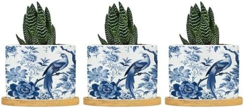 Blue Indigo Floral Chinoiserie Ceramic Planters Asian Navy Bird Snake Plant Live Indoor with Pot with Drainage Holes and Saucers Pot for Outdoor Garden Home Plant by BRUYU5SE