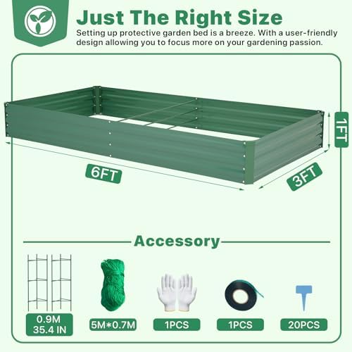ONCEMORE Galvanized Raised Garden Bed for Vegetables Flowers Herbs, Metal Raised Garden Bed Kit with 2 PCS Tomato Cage, Gloves, Trellis Netting, Plant Labels, Plant Ties, Green 6×3×1FT - Image 2