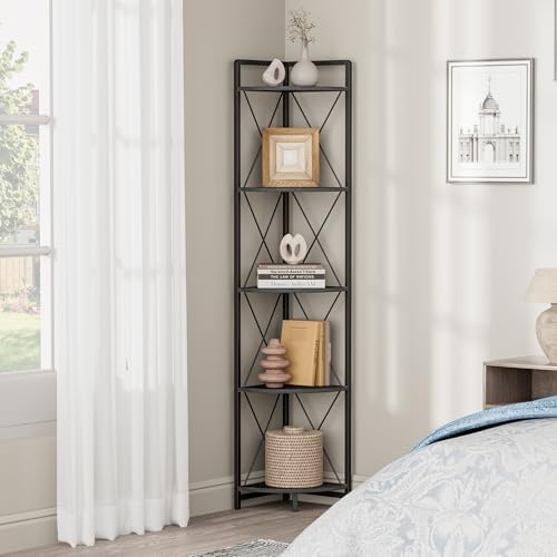 5 Tier Corner Shelf Stand, 64" H Tall Corner Bookshelf, Black - Image 7