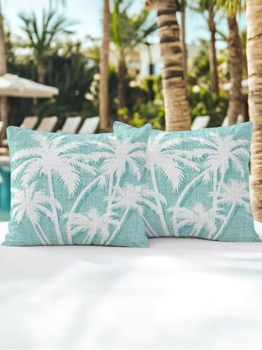 Tropical Palm Tree 18x18 Waterproof Outdoor Throw Pillows Set of 2 with Inserts, Vintage Mint Green Exotic Botanical Plants Patio Decorative Cushions for Outdoor Sofa Porch Garden Furniture - Image 5