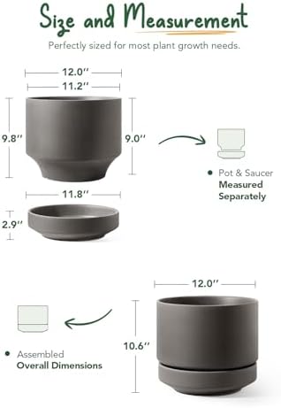 LE TAUCI 12 Inch Pot for Plants with Saucer, Ceramic Indoor Planter Pot with Drainage Hole, Mesh Pad Included, Unglazed Porous Ceramic, Modern for Home and Office, Charcoal Gray - Image 3