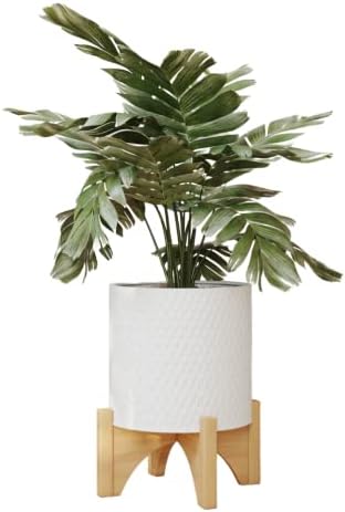 EverNest Claire Boho Modern White Planter with Arch Wood Stand, Indoor Mid-Century Plant Pot, SelectBase, Minimalist Planter Stand Home Décor (Medium, 2 Gallon) by EverNest