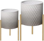 ARNIS Plants Pots with Stand,Set of 2 Flower Pots, Unique Mid Century Decorative Metal Flower Pots with Drainage,10.5&12.25 Inch, Grey and White - Image 2