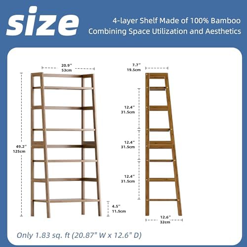 HITNET Ladder Shelf, 4-Tier Bamboo Bookshelf, Freestanding Open Display Storage Rack, Space Saving Flower Plant Display Stand for Bathroom Living Room, Walnut - Image 3