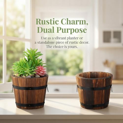 Kisangel 4pcs Small Wood Whiskey Barrel Planter Pots for Outdoor Garden, Rustic Carbonized Wood Flower Containers, Suitable for Vegetable and Succulent Planting - Image 3