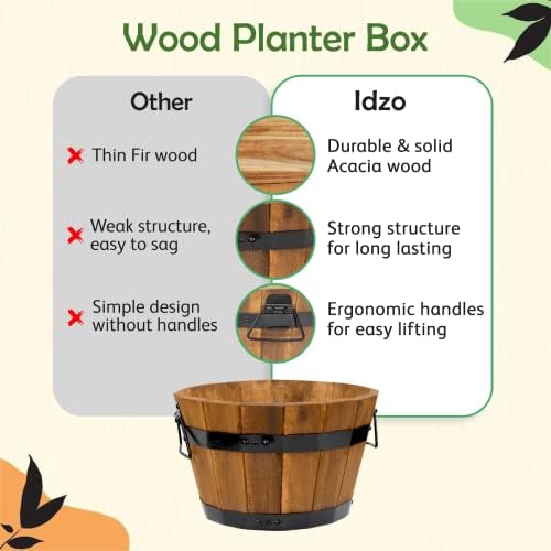 Idzo Set of 3 Wooden Flower Boxes Outdoor, Durable Acacia Wood Barrel Planters for Outdoor Plants with Ergonomic Handles, Drainage Holes, Multiple Sizes Wood Bucket Planter Light Brown - Image 3