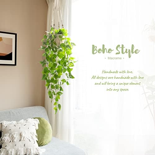 Mkono Set of 2 Fake Hanging Plant with Pot, Hanging Plants Artificial Decor Macrame Plant Hanger with Different Artificial Plants - Image 4
