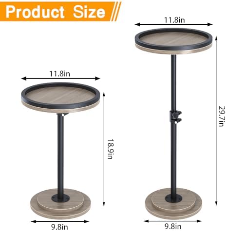 Small Side Table, Drink Table, Height Adjustable Round End Table, Pedestal Side Table for Small Spaces in Living Room, Bedroom, Grey - Image 2
