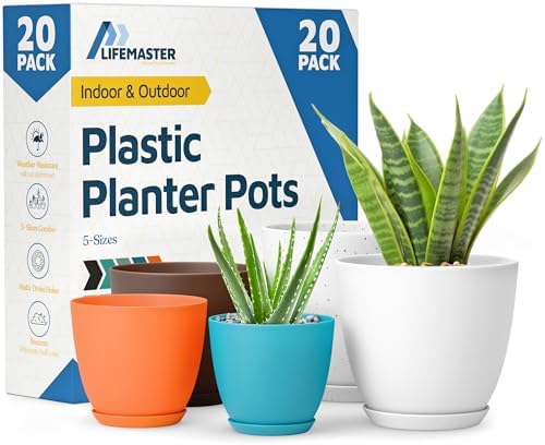 Multicolor Plant Pots with Drainage Holes & Saucers 20 Pack, Indoor & Outdoor Stackable Space-Saving Planters for Houseplants & Flowers, (7", 6.7", 6", 5.3", and 4.8" Inches), Durable & Weatherproof by LIFEMASTER