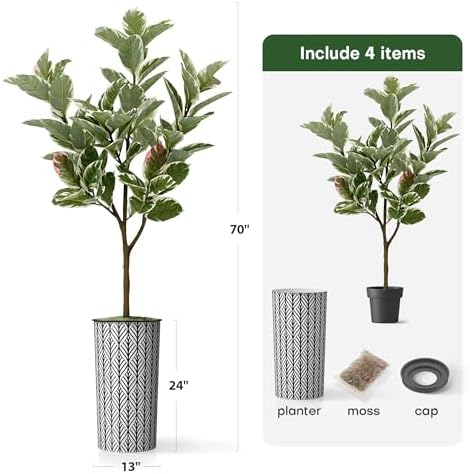 Artificial Tree in Black and White Geometric Planter, Fake Rubber Silk Tree for Indoor and Outdoor Home Decoration - 70" Overall Tall (Plant Pot Plus Tree) - Image 5