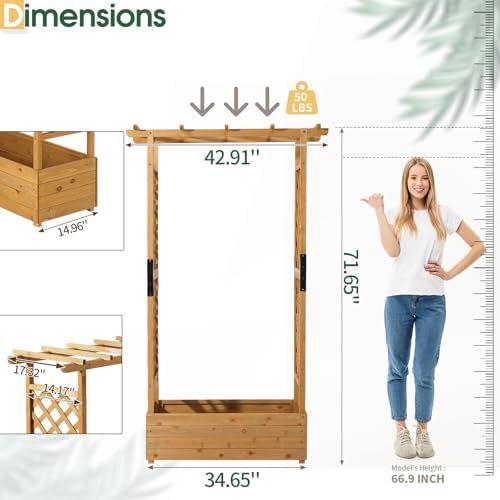Outvita 72" Raised Garden Bed with Trellis, Wood Planter Box with Hanging Roof, Side Trellis and Drainage Holes, Above Ground Elevated Garden Bed for Outdoor Climbing Plants Vegetables(Teak Color) - Image 6
