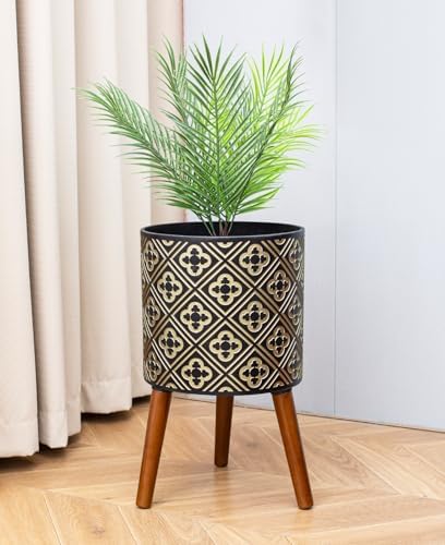 10 Inch Plant Pot with Stand, Planter for Indoor Plants, Modern Large Flower Planter Pot with Drainage Holes for Outdoor, Black ＆ Gold - Image 6
