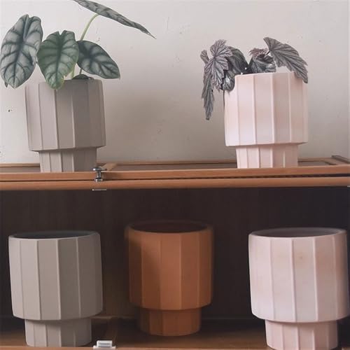 Planter High Foot Terra Cotta Flower Pot, with Striped Textured Desktop Plant, for Windowsill Living Room Kitchen Container Garden(Small) - Image 5