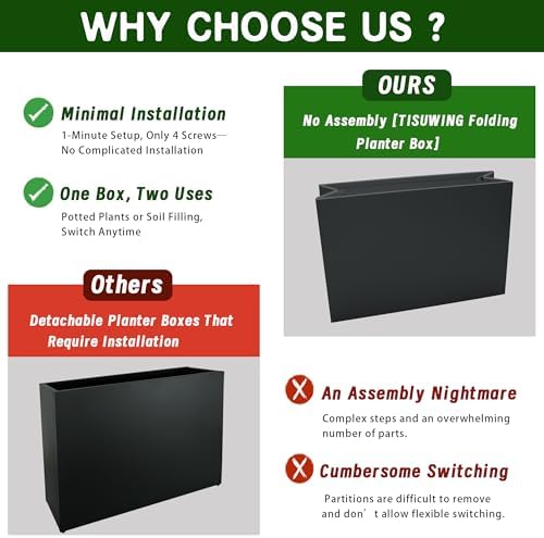 Metal Planter Box, No Installation Galvanized Steel Folding Rectangular Planter with Drainage Holes, 35.5"x 10"x 28" Black Outdoor Planter for Porch/Patio/Garden - Image 2