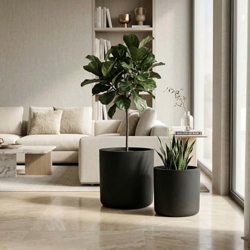 16" Round Concrete Outdoor Planter Pots Set of 2, Rustic Large Planter Pots with Drainage Holes for Home Front Porch Garden Patio, 13" x 13" & 16" x 16", Black by Nahenduo