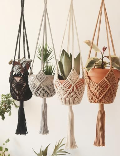 Hanging Planter with Patterns,4Packs Macrame Plant Hangers Indoor Macrame for up to 8 inch Pot Crochet Boho Plant Hanger Holder for Indoor Outdoor with 4S Shaped Stainless Steel Hooks (4colors) by XINBOR
