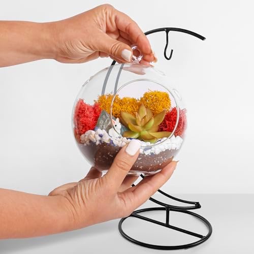 Creations by Nathalie - 5" Glass Globe Succulent Terrarium Kit, Hanging DIY Starter Kit for Kids and Adult, Metal Stand, Reindeer Moss, Crystal & Rocks, Tools, Figurine (Live Plant Included) - Image 6