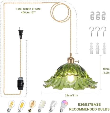 Plug in Pendant Light Fixtures,Hanging Light Fixture Corded On/Off Switch,11 inch E26 Green Glass Lampshade Pendant Lighting for Kitchen Island, Bedroom, Dining Room - Image 3