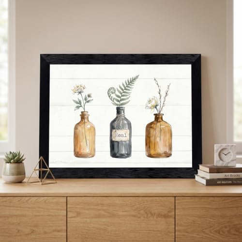 Framed Canvas Wall Art Vintage Apothecary Bottles Wildflowers Amber Sage and Charcoal Canvas Print Poster Black Frame Wall Decor for Kitchen Bathroom Minimalist Art, Nature Print - Inch 24x36 - Image 6