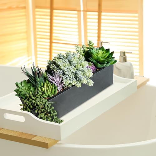 Winlyn 14" Artificial Succulent Plants Arrangement Assorted Faux Succulents in Rustic Black Rectangular Wooden Planter Box Faux Potted Plant Decor for Farmhouse Home Windowsill Shelf Table Centerpiece - Image 4