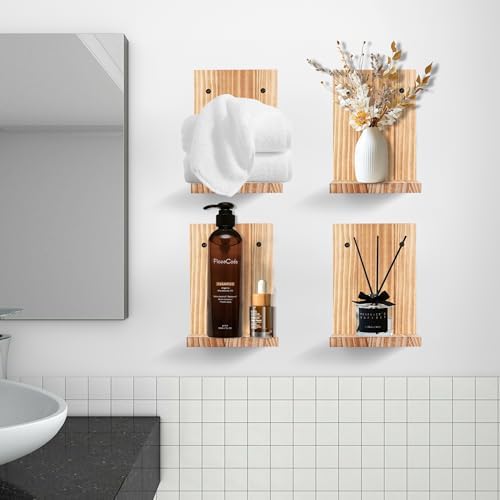 Small Wall Shelf Modern,Wooden Mini Floating Shelves,Indoor Wall Mounted Plants Shelf L Shaped,Midcentury Display Decorative Holder for Gallery Living Room Bedroom Porch,Pine,4 Pack(Carbonized Brown） - Image 4