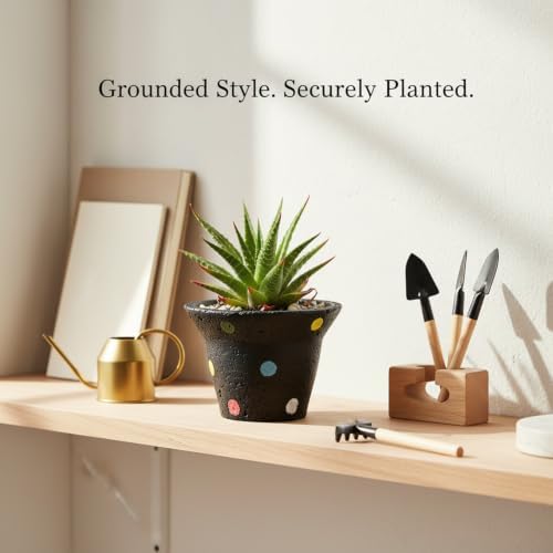 Modern Geometric Cement Planter Pot for Succulents, Heavy Matte Black Desktop Flower Pot for Cacti, Stable Indoor Shelf Decor, 5.1 Inch - Image 2