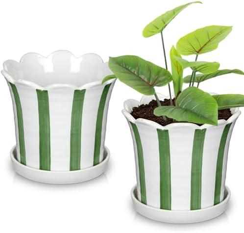 Set of 2 Flower Planter, 5.8 inch Ceramic Plant Pots with Drainage Hole and Sauser, Stripe Ceramic Planters with Wavy Opening for Indoor Outdoor Home Gardening Desktop Windowsill - Image 7