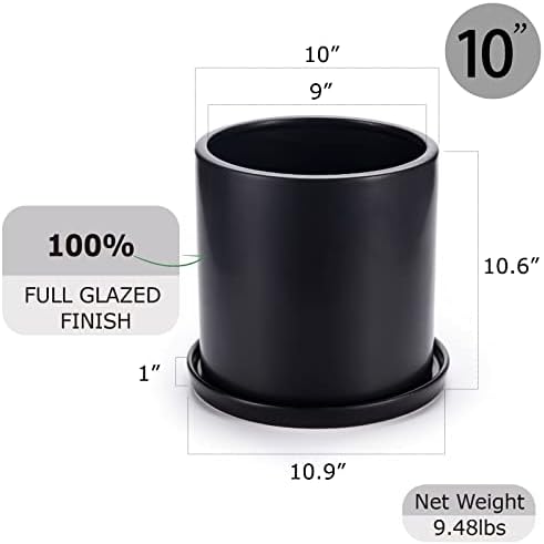 Plant Pots 10 Inch Ceramic Planter with Drainage Hole and Saucer, Matte Black Modern Cylinder Planter Pot for Indoor Outdoor Plants Flowers, Full Glazed Finish - Image 4