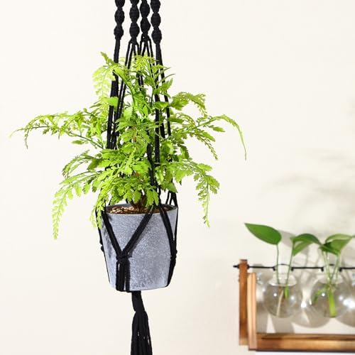 Kisangel 4 Pcs Black Macrame Plant Hangers for Indoor Ceiling Flower Pots, 100cm Cotton Rope Hanging Planter Basket Set for Balcony Decoration and Wall Mounted Garden Use - Image 5
