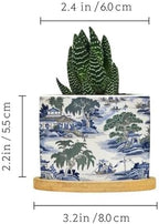 Asian Planter Ceramic Blue and Green Chinoiserie Round Plant Pots with Drainage Holes and Bamboo Tray Pot for Outdoor Garden Home Plant - Image 2