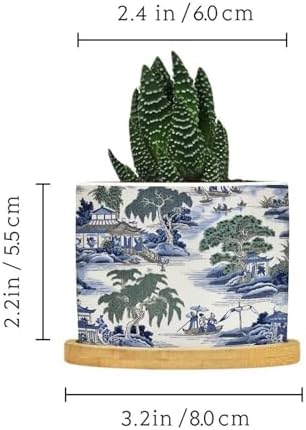 Asian Planter Ceramic Blue and Green Chinoiserie Round Plant Pots with Drainage Holes and Bamboo Tray Pot for Outdoor Garden Home Plant - Image 2