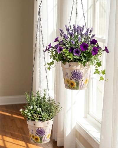 Stoneware Hanging Planters Set of 2, Large 7" + Small 5" by DORAMIE