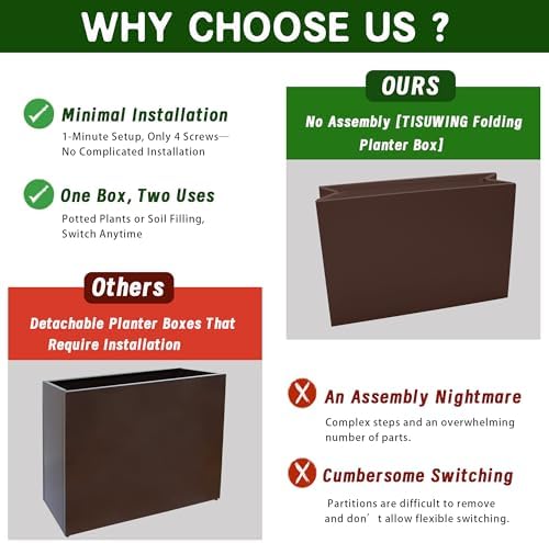 Metal Planter Box, No Installation Galvanized Steel Folding Rectangular Planter with Drainage Holes, 35.5"x 10"x 28" Brown Outdoor Planter for Porch/Patio/Garden - Image 2