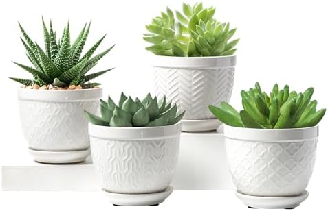 Sureasy Ceramic Plant Pots, 4.7 Inch Flower Pots for Indoor Plants, Succulent Pots with Saucer and Drainage Hole, Decorative Planter for Succulent, Cactus, Set of 4, White by Sureasy