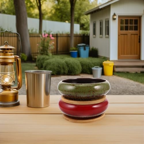HOMSFOU Xmas 2pcs Round Ceramic Planter Pot with Drainage Bamboo Tray - Image 7