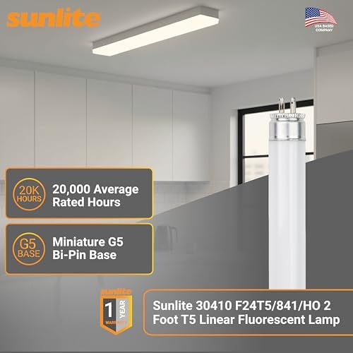 Sunlite 30410 F24T5/841/HO 2 Foot T5 Linear Fluorescent Lamp, 24 Watts, 1800 Lumens, 4100K Cool White, Miniature G5 Bi-Pin Base, ROHS Compliant, High Performance Straight Tube, 40 Pack - Image 2