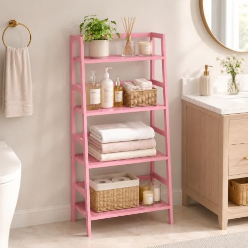 Homykic Pink Ladder Shelf, 4-Tier Bamboo Bookshelf & Bookcase Organizer - Image 4