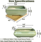 MUZHI 2pcs Green Ceramic Bonsai Planter Pots with Bamboo Tray 6.2 “ & 5.3”, Rectangular Glazed Bonsai & Succulent Cactus Starter Pot with Drainage Ice Crack Design (2 Crackle Glazed 6") - Image 2