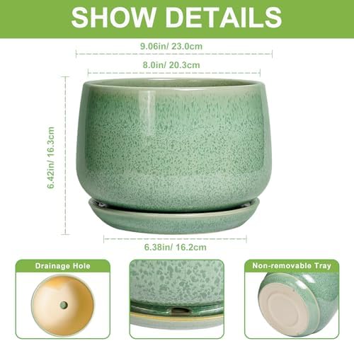 G EPGardening Ceramic Planter, 9 Inch Plant Pot, Green - Image 3