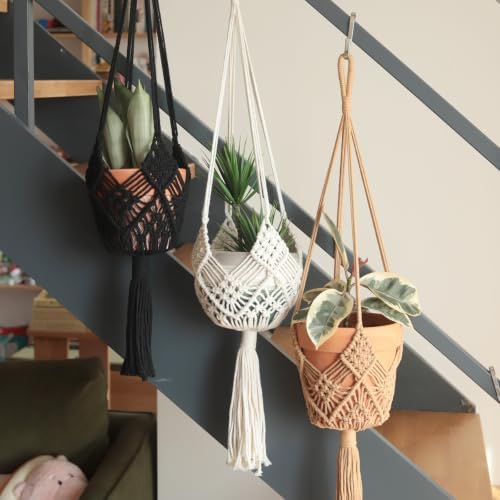 Hanging Planter with Patterns,4Packs Macrame Plant Hangers Indoor Macrame for up to 8 inch Pot Crochet Boho Plant Hanger Holder for Indoor Outdoor with 4 Stainless Steel Hooks (4Pcs Caramel & White) - Image 6
