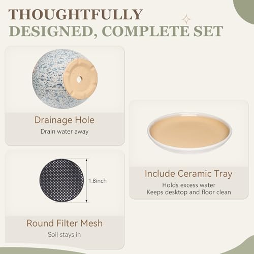 9.5 Inch Ceramic Plant Pot with Drainage Hole Mesh Net,Modern Gardening Pots for Indoor Plants with Saucer, Spotted Blue - Image 4
