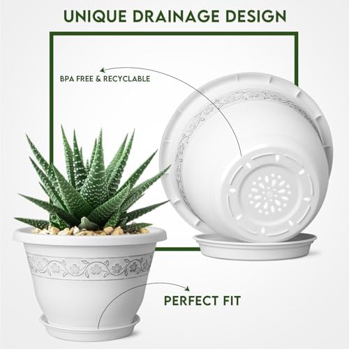 10 Inch Plant Pots with Drainage Hole - Lightweight Flower Pots for Herbs and Flowers - Home Decor Plastic Planters for Indoor Outdoor Plants- Pack of 4 (White, 10 inch) - Image 3