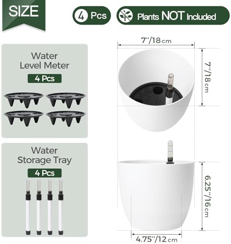 T4U 4 Pcs Pot à Réserve d'eau Rond en Plastique Blanc 18 cm, Pot de Fleurs d’Extérieur et d'Intérieur avec Indicateur de Niveau d'eau Convient aux Jardins de Balcon - Image 3