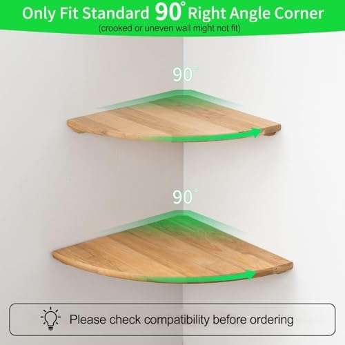 Corner Shelf, Solid Oak Wood Floating Corner Shelf Wall Mount Round End Floating Speaker Shelves with Wire Hole for Small Plant Photo for Bedroom Kitchen, Living Room - Image 3