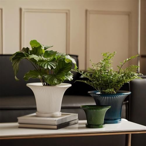 Planter Round Stripe Texture Plant Pot, with Drainage Hole and Saucers Trays Ceramics Flower Pot, for Room Balcony Office Plants Container (3 Colors) Flower Pots(Green) - Image 6