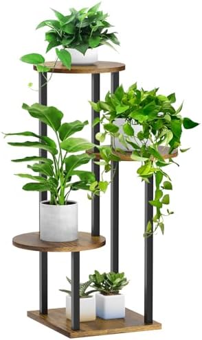 4 Tier Plant Stand Indoor, Metal Wooden Tall Plant Shelf Flower Pot Stand for Multiple Plants, Corner Flower Holder Plant Display Rack for Living Room Balcony Patio Garden (Rustic Brown) by SMFANLIN
